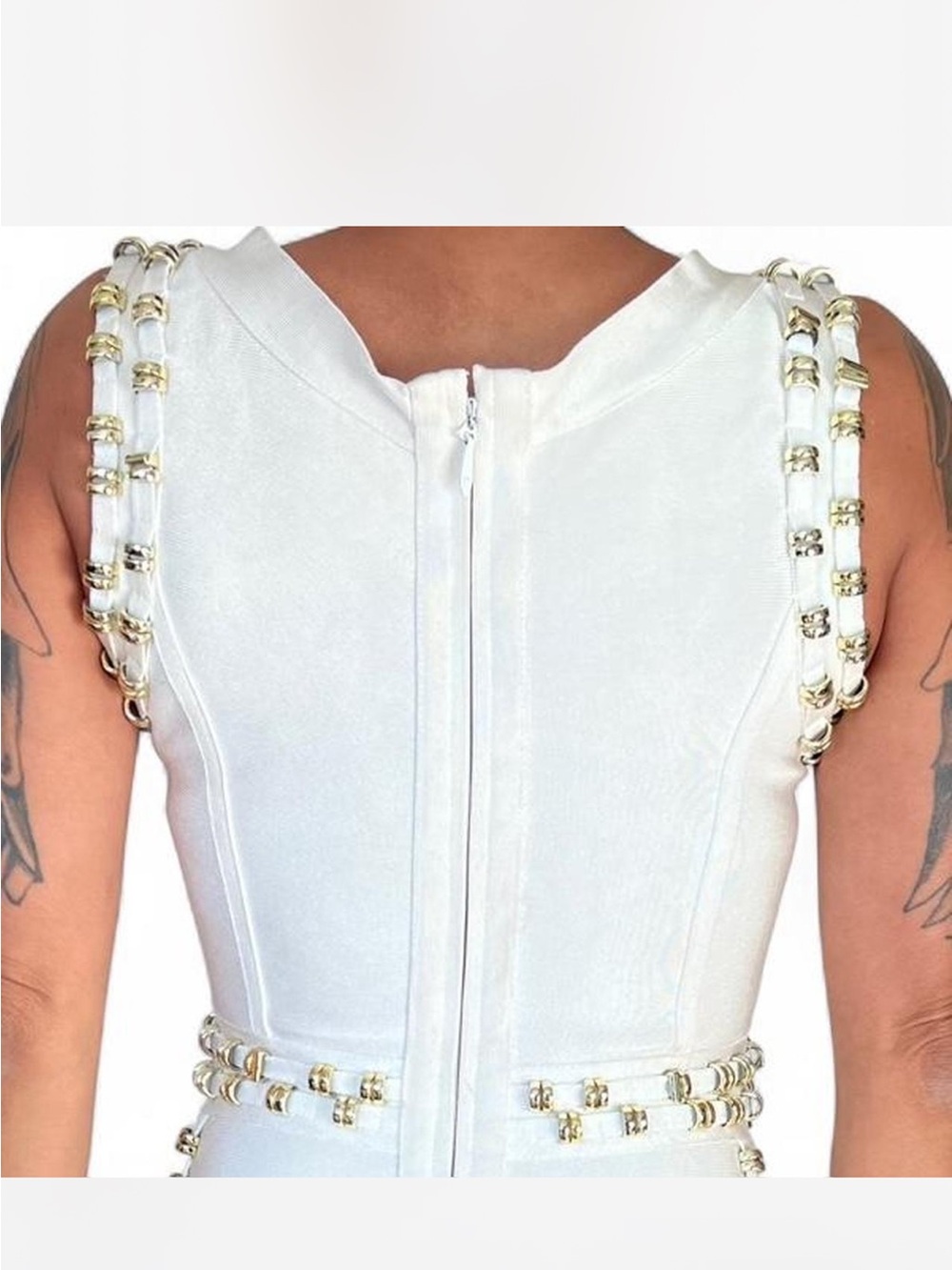 White & Gold Studded Bodycon Midi Bandage Dress - Picture 5 of 8